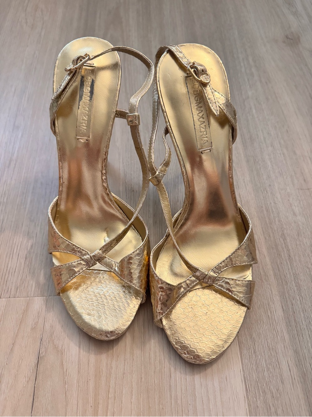 BCBGMaxAzria Metallic Gold Strappy High-Heel Sandals Size 8